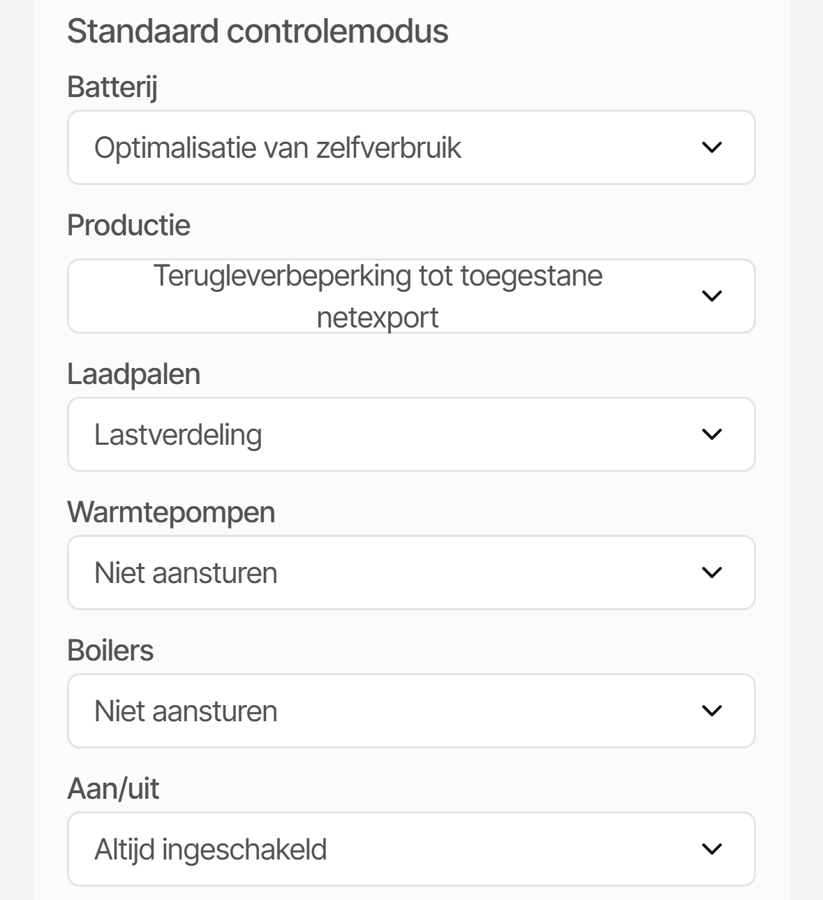 Standaard controlemodi en enkele randvoorwaarden in de Slimmie App