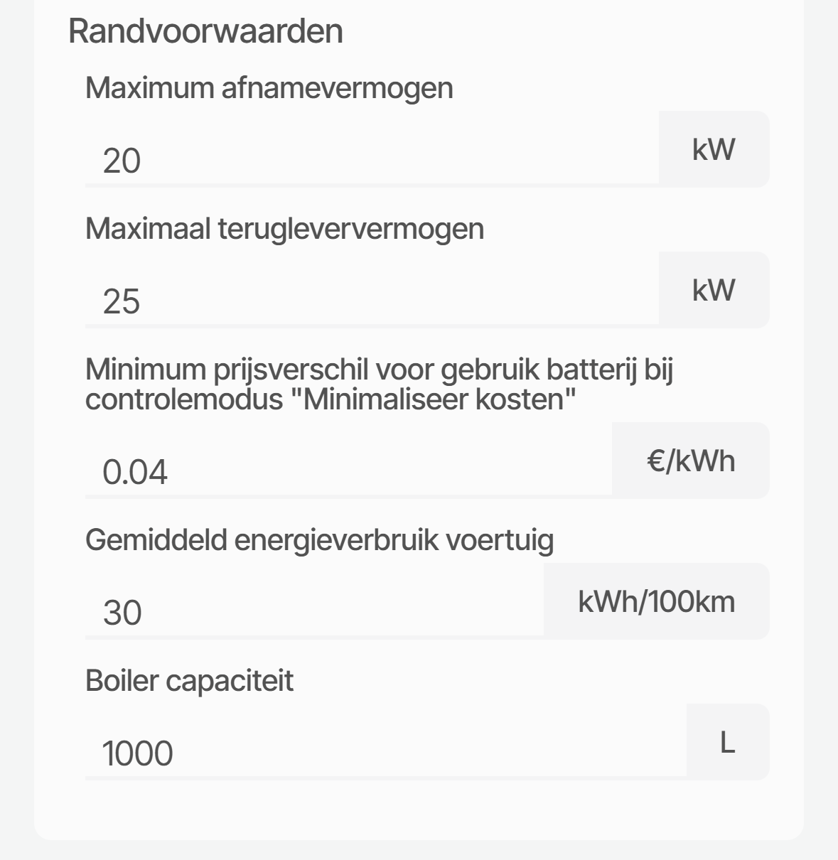 Netlimieten, gemiddeld voertuigverbruik en boilercapaciteit in de Slimmie App
