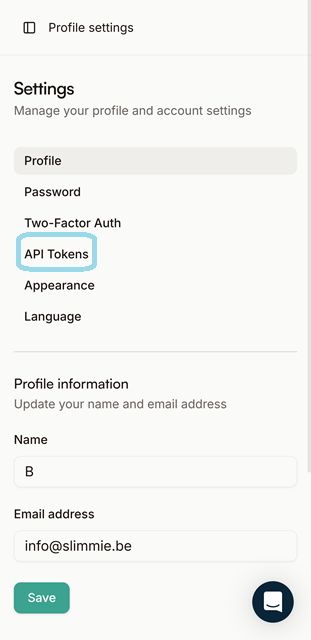 API Token menu